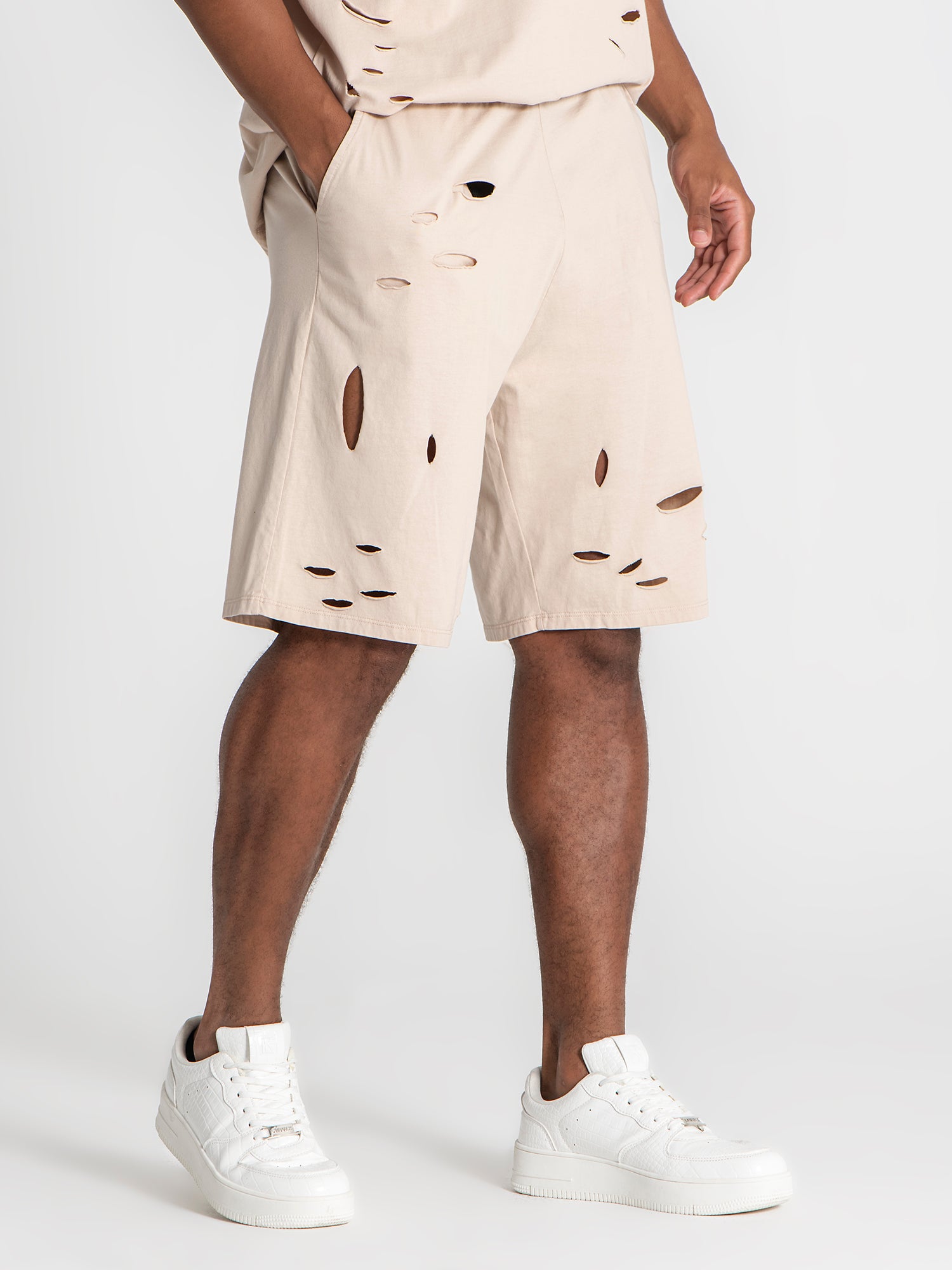 Beige Ripped Shorts