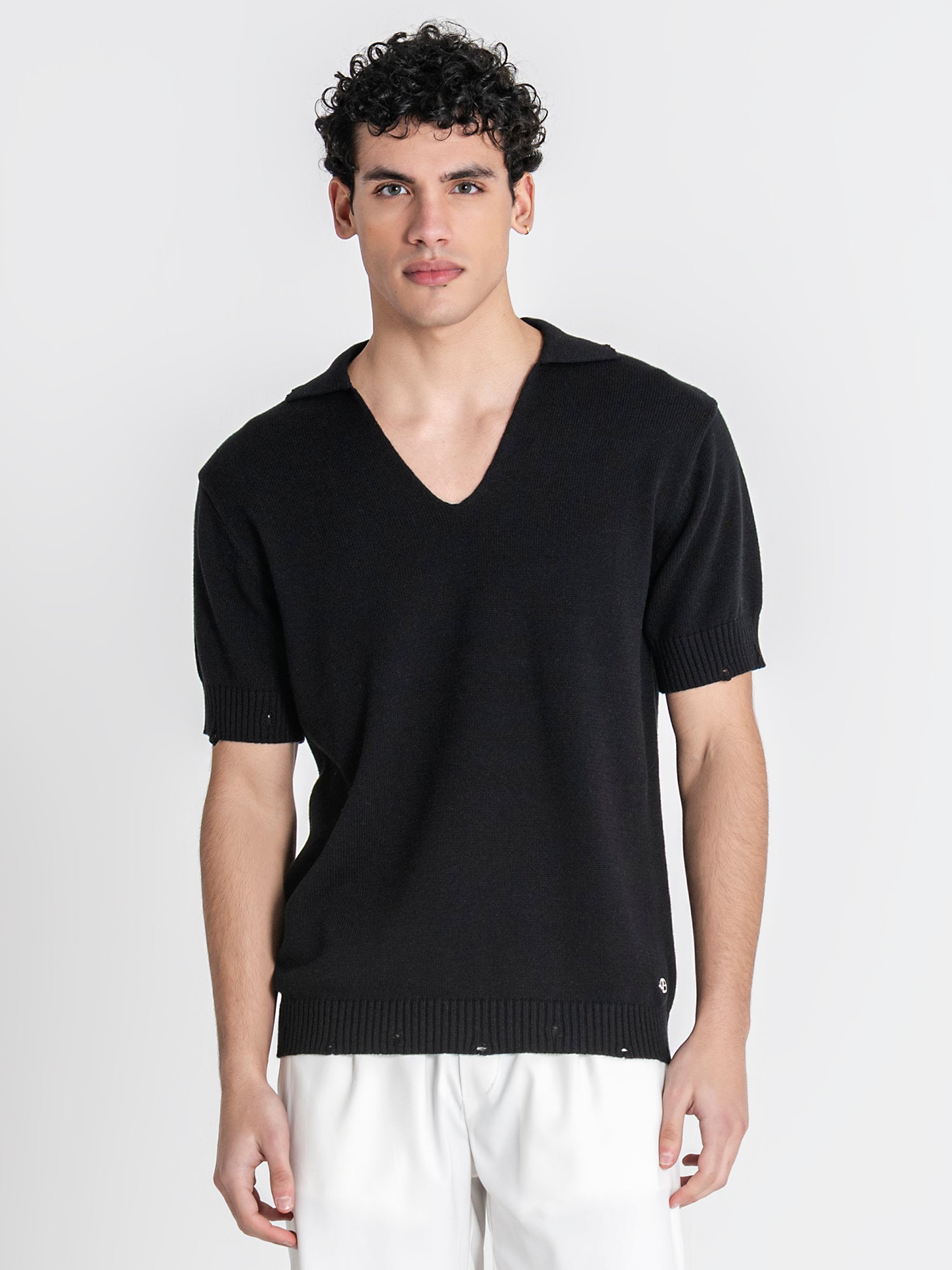 Black Ripped Knit Polo