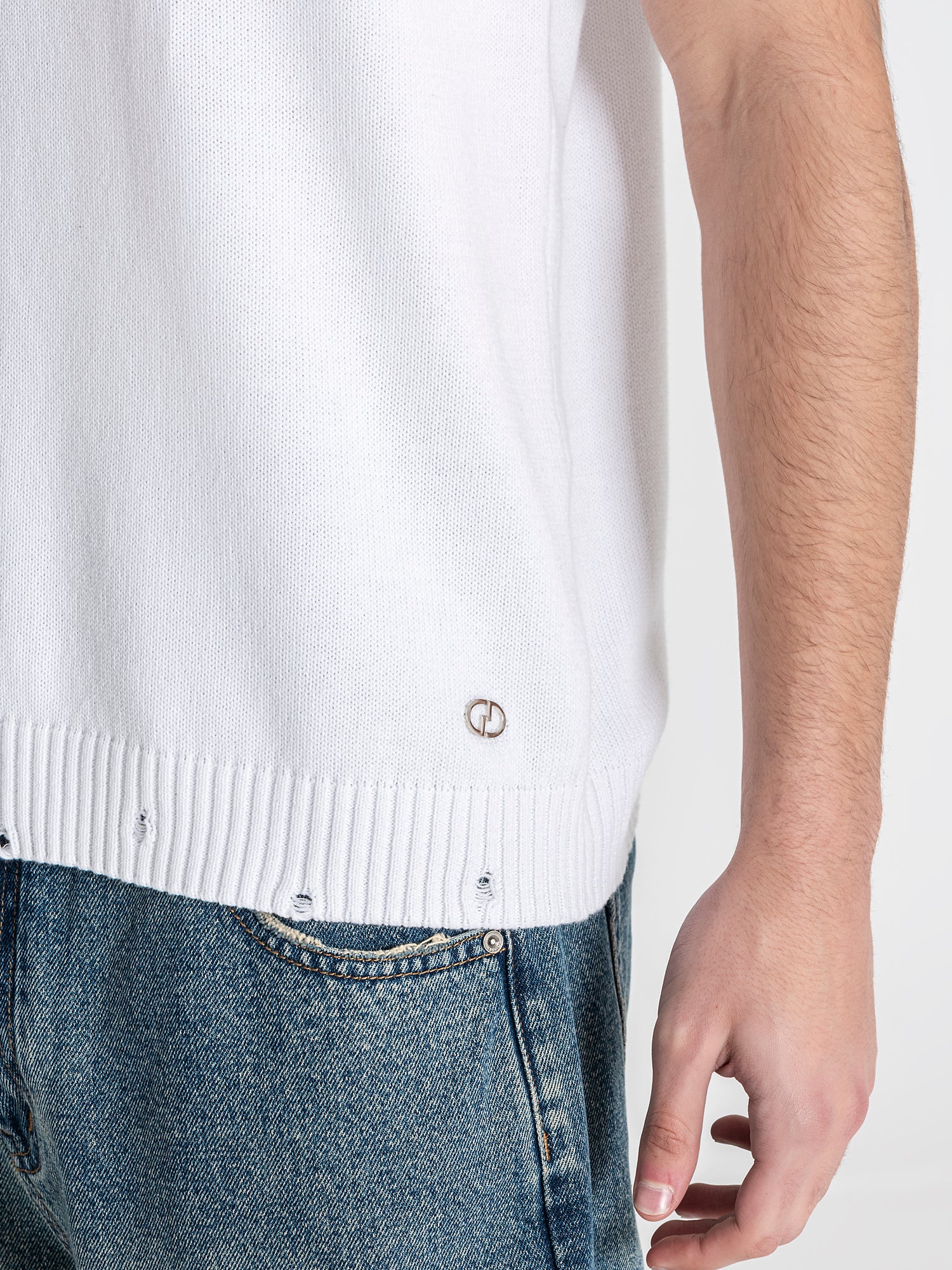 polos / White Ripped Knit Polo