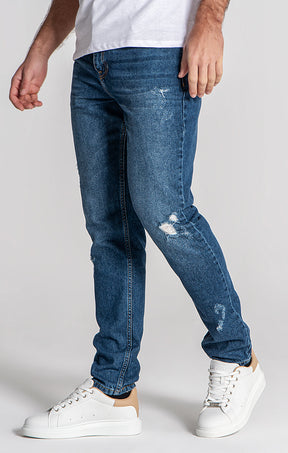 Dark Blue Ripped Straight-Leg Jeans