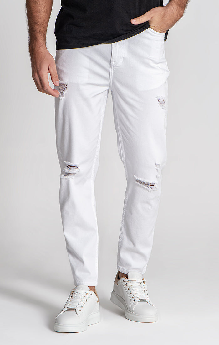 White Core Ripped Straight-Leg Jeans