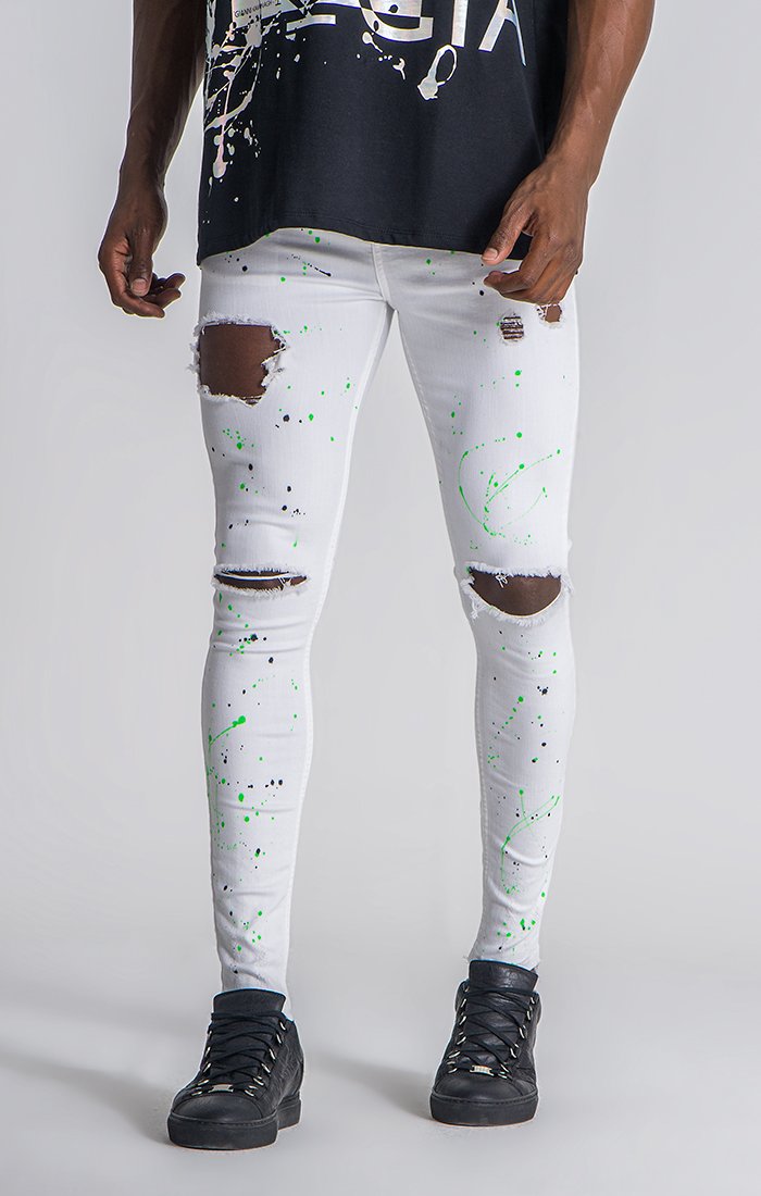 Neon Paint Splatter White Jeans